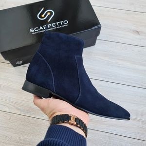 Raphael Navy Blue Men's Chelsea Genuine Suede Leather Boots - Leather Sole